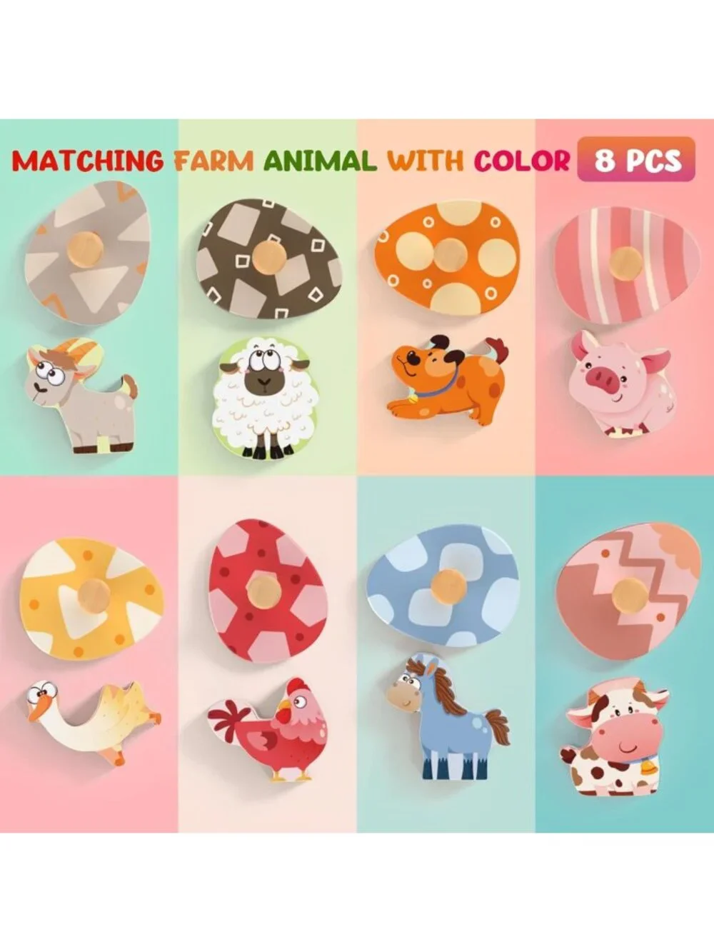 Easter Wooden Farm Animal Puzzles for Toddlers, 8-Pc Montessori Educational Toys